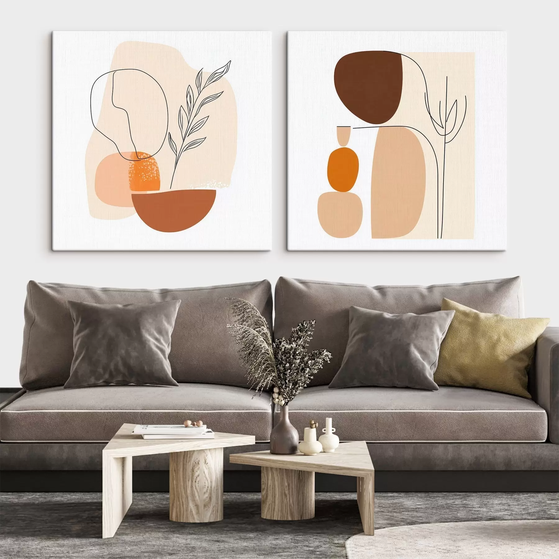 Fototapete Abstrakte Blumen in einer warmen Beige-Korallen-Farbpalette: Illustration im minimalistischen Stil m30362