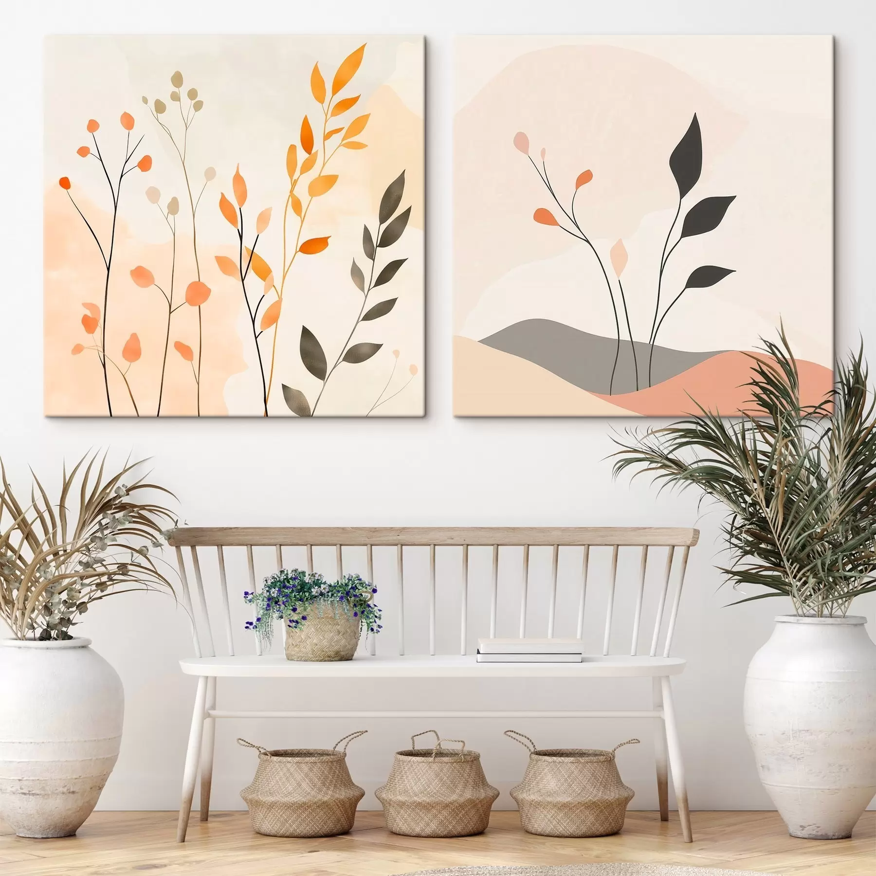 Fototapete Blumen-Diptychon in warmen Beige- und Korallentönen mit grafischen Linien im minimalistischen Stil m30363
