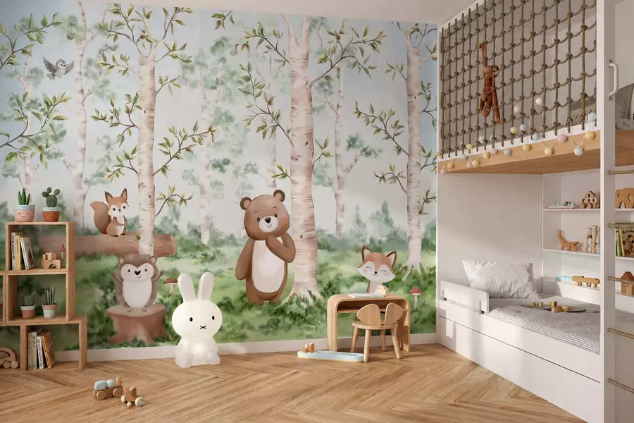 Fototapete Eine Kinderillustration eines Waldes mit einem Bären, einem Fuchs und einem Igel w05532