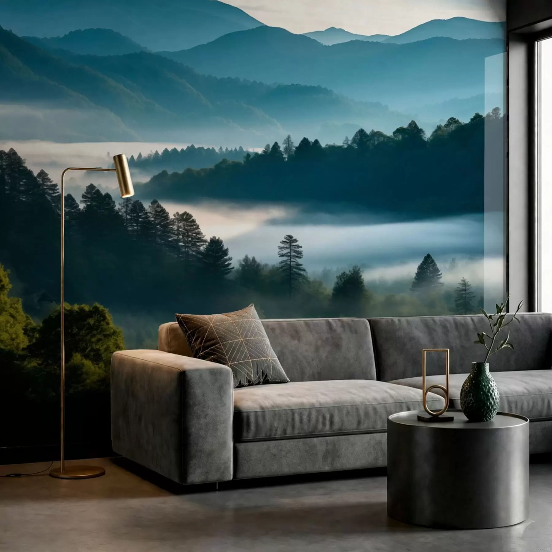 Fototapete Berglandschaft mit Nebel und Wäldern im Morgengrauen w05573