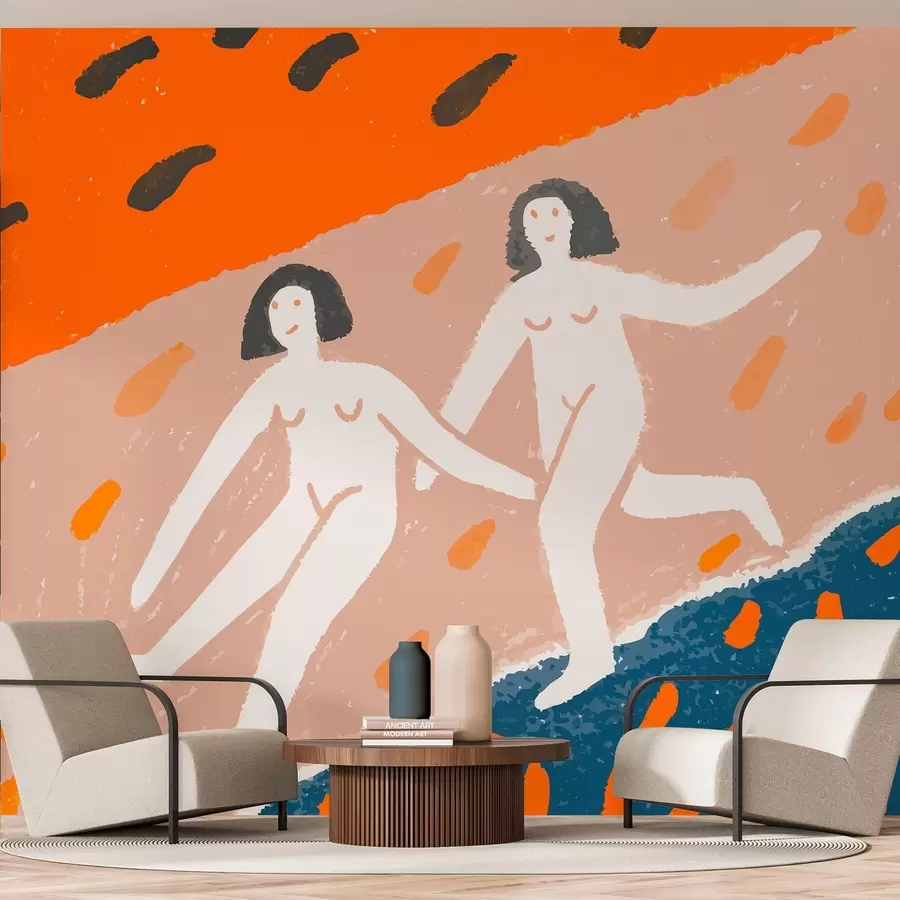 Fototapete zeitgenössische Kunst: zwei Frauen, die an der Küste entlanglaufen w05564