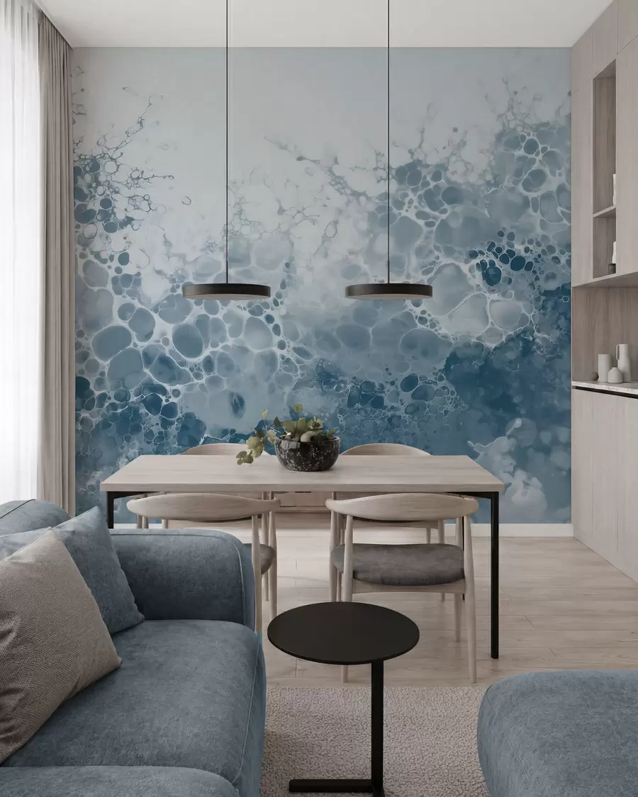 Fototapete Luftige blaue Abstraktion mit Blasen im Aquarellstil w09673