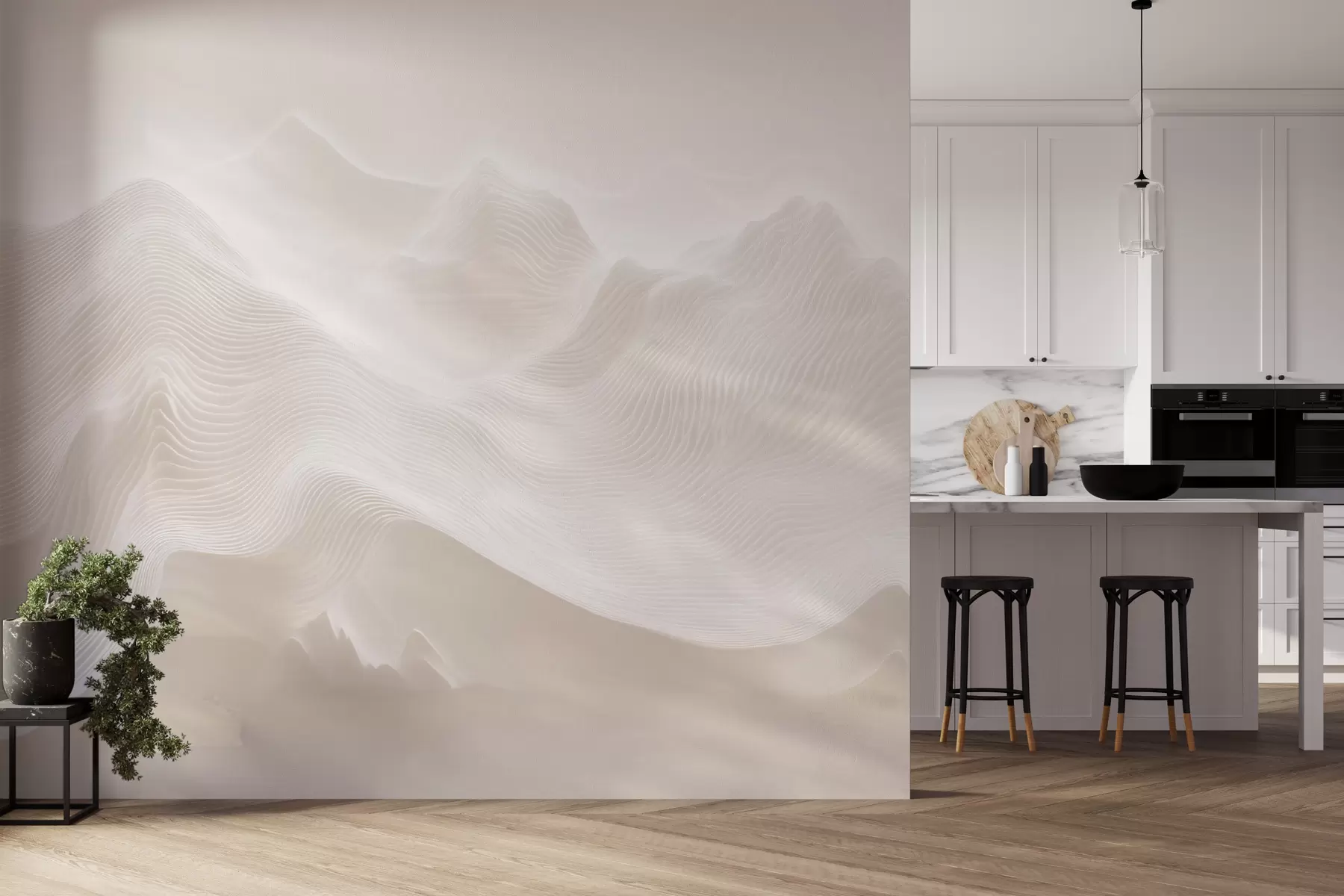 Fototapete Abstrakte, wellenförmige Berge in Beigetönen im minimalistischen Stil w09713