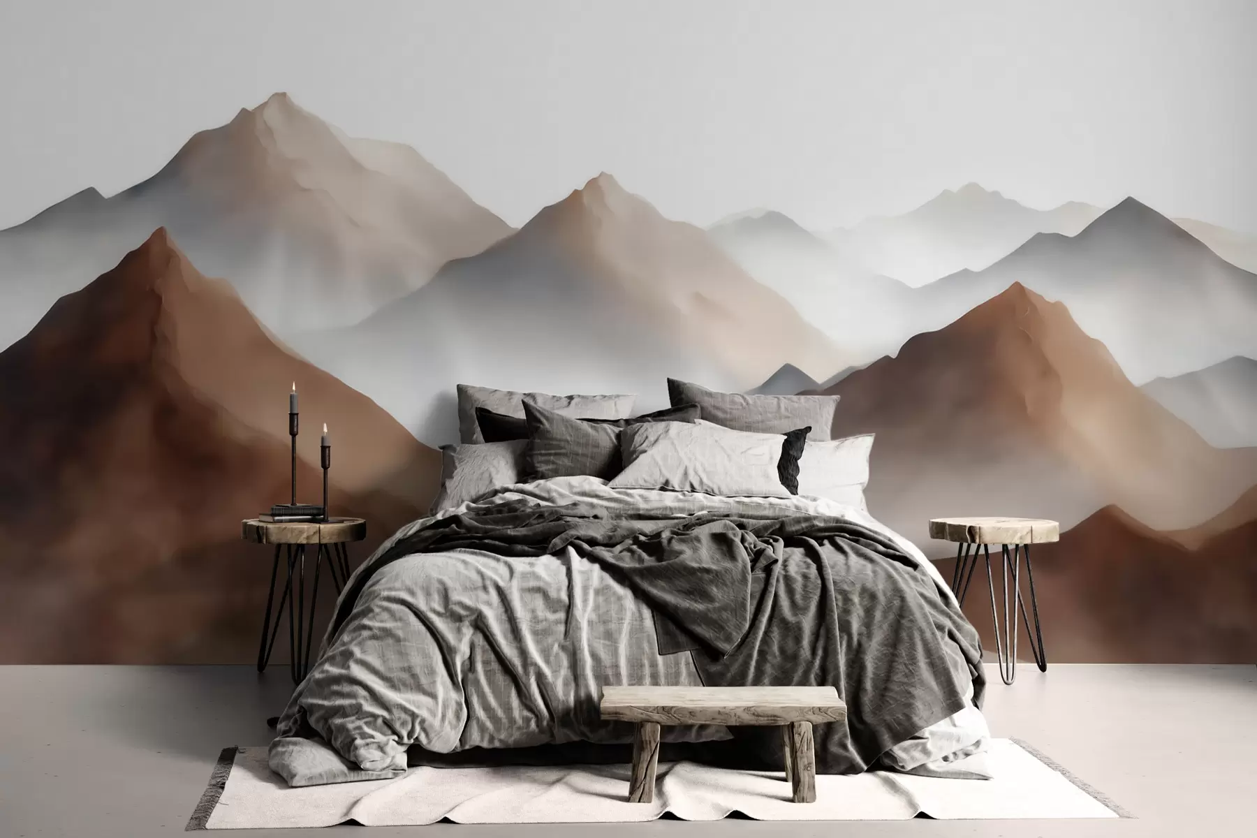 Fototapete Nebelige Berggipfel in Beige- und Brauntönen im Aquarellstil w09857