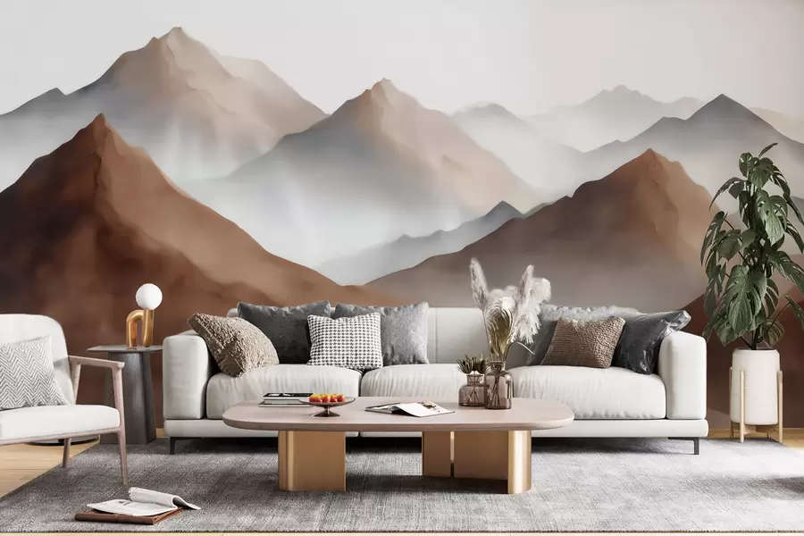 Fototapete Nebelige Berggipfel in Beige- und Brauntönen im Aquarellstil w09857
