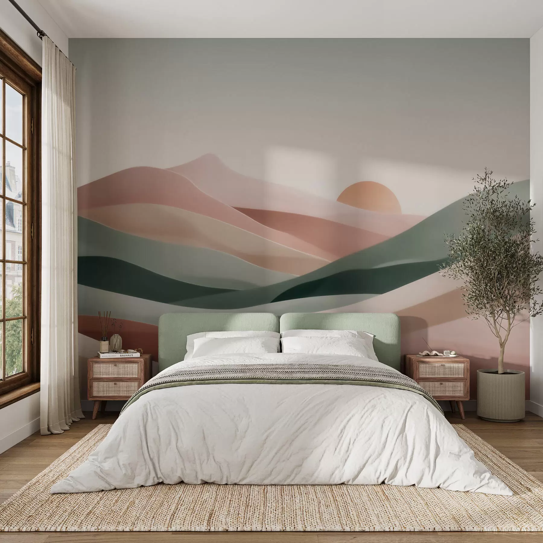 Fototapete Abstrakte Wüstenlandschaft in pastellgrün-rosa Farbtönen, Minimalismus w09860