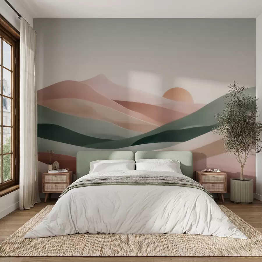 Fototapete Abstrakte Wüstenlandschaft in pastellgrün-rosa Farbtönen, Minimalismus w09860