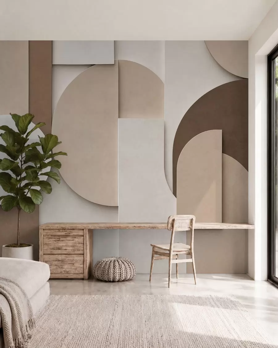 Fototapete Strukturierte beigefarbene geometrische Formen in einer mehrschichtigen 3D-Komposition, minimalistische, moderne Wandkunst w05598