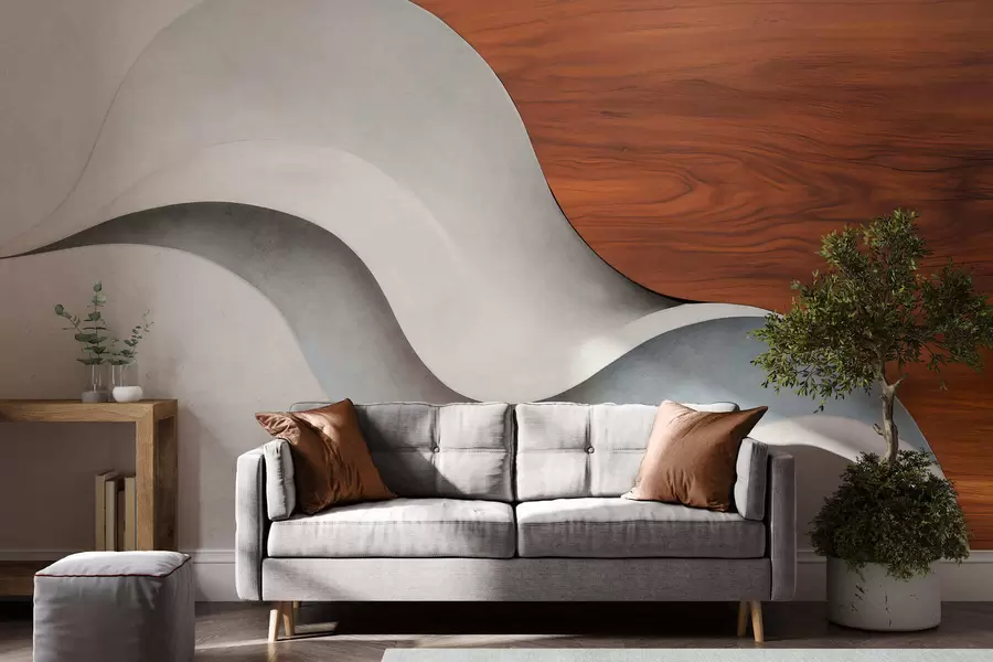 Fototapete Fließende abstrakte Wellen mit warmen Holzakzenten, minimalistisches, zeitgenössisches Design w05599