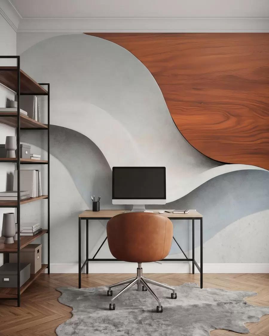 Fototapete Fließende abstrakte Wellen mit warmen Holzakzenten, minimalistisches, zeitgenössisches Design w05599