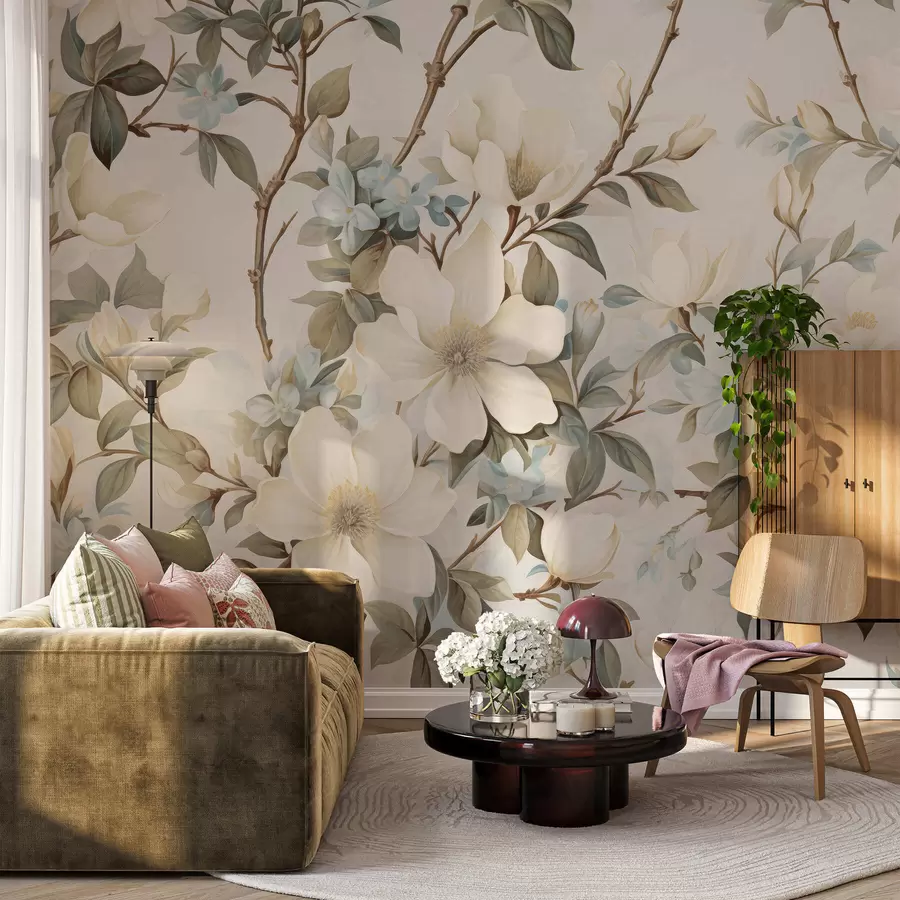 Fototapete Zarte Blumen und zartgrüne Blätter im malerischen Vintage-Stil mit dezenten Pinselstrichen w05601