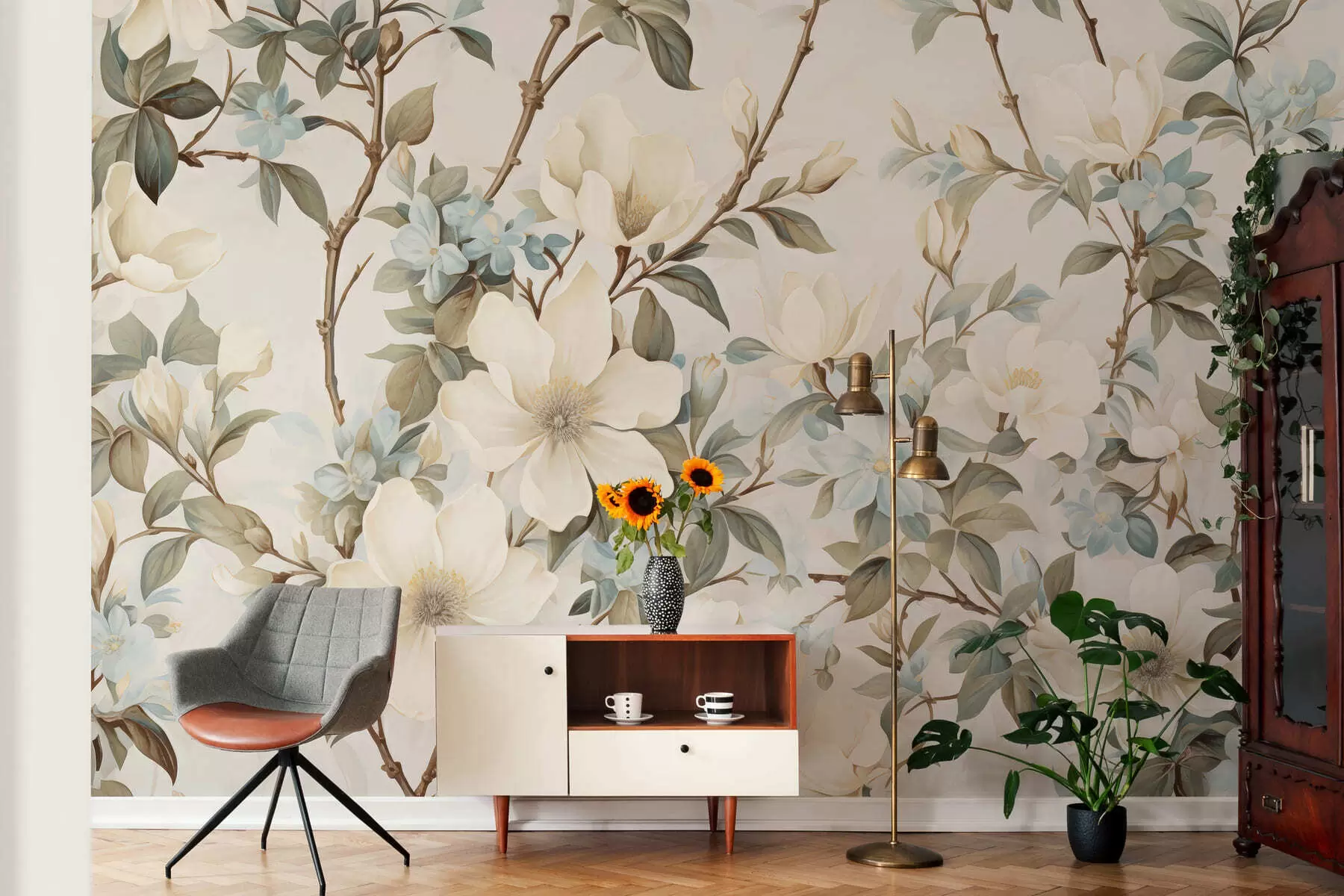 Fototapete Zarte Blumen und zartgrüne Blätter im malerischen Vintage-Stil mit dezenten Pinselstrichen w05601