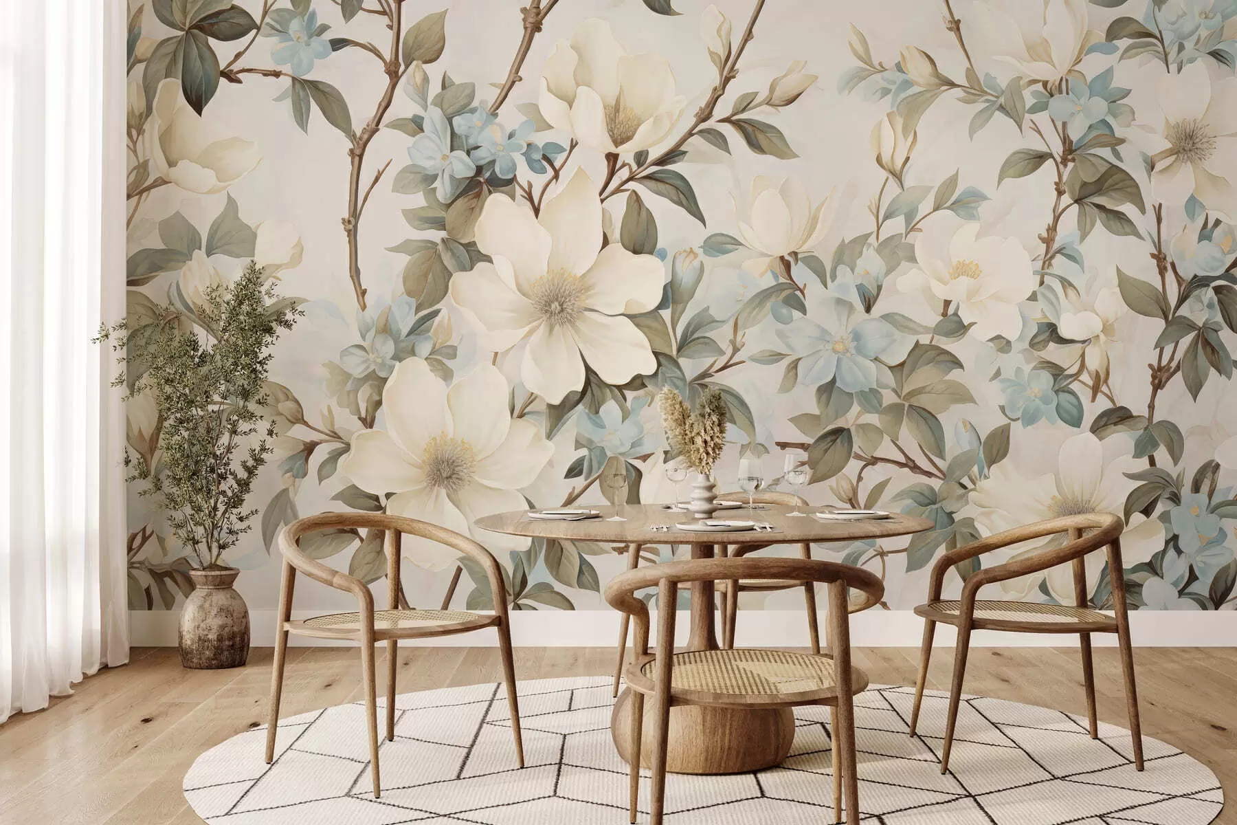 Fototapete Zarte Blumen und zartgrüne Blätter im malerischen Vintage-Stil mit dezenten Pinselstrichen w05601