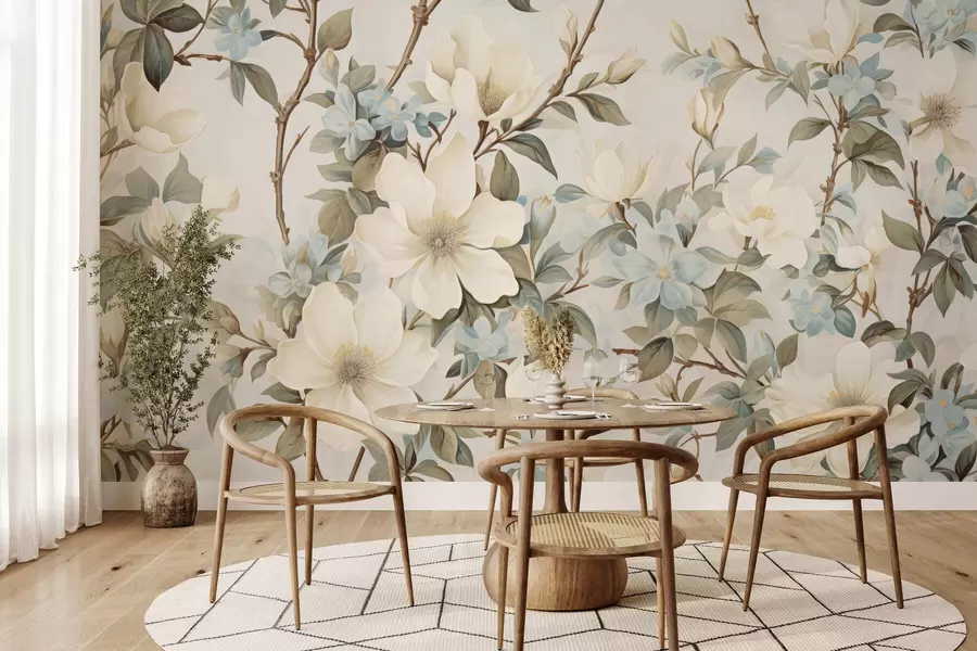 Fototapete Zarte Blumen und zartgrüne Blätter im malerischen Vintage-Stil mit dezenten Pinselstrichen w05601