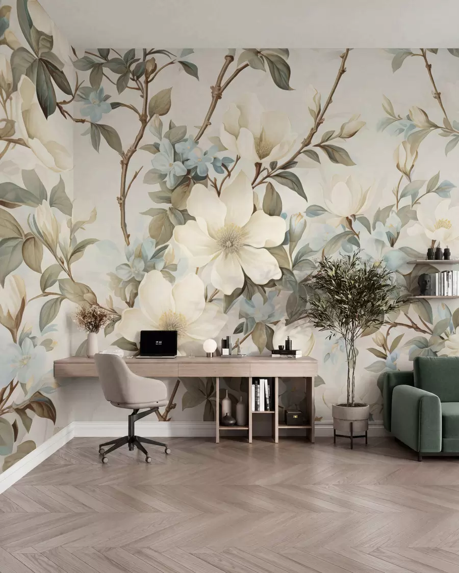 Fototapete Zarte Blumen und zartgrüne Blätter im malerischen Vintage-Stil mit dezenten Pinselstrichen w05601