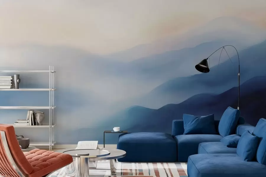Fototapete Sanftblaue Berge in Aquarelloptik mit verträumten Farbverläufen und stimmungsvoller Tiefe w05605