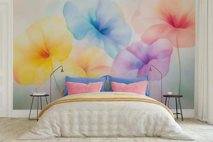 Fototapete Farbenfrohe, durchscheinende Blumen in sanften Pastelltönen mit einem verträumten Aquarelleffekt w05607