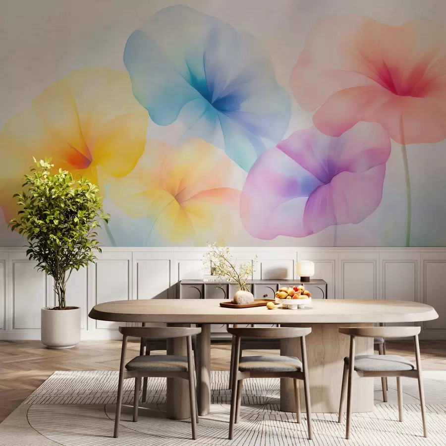 Fototapete Farbenfrohe, durchscheinende Blumen in sanften Pastelltönen mit einem verträumten Aquarelleffekt w05607