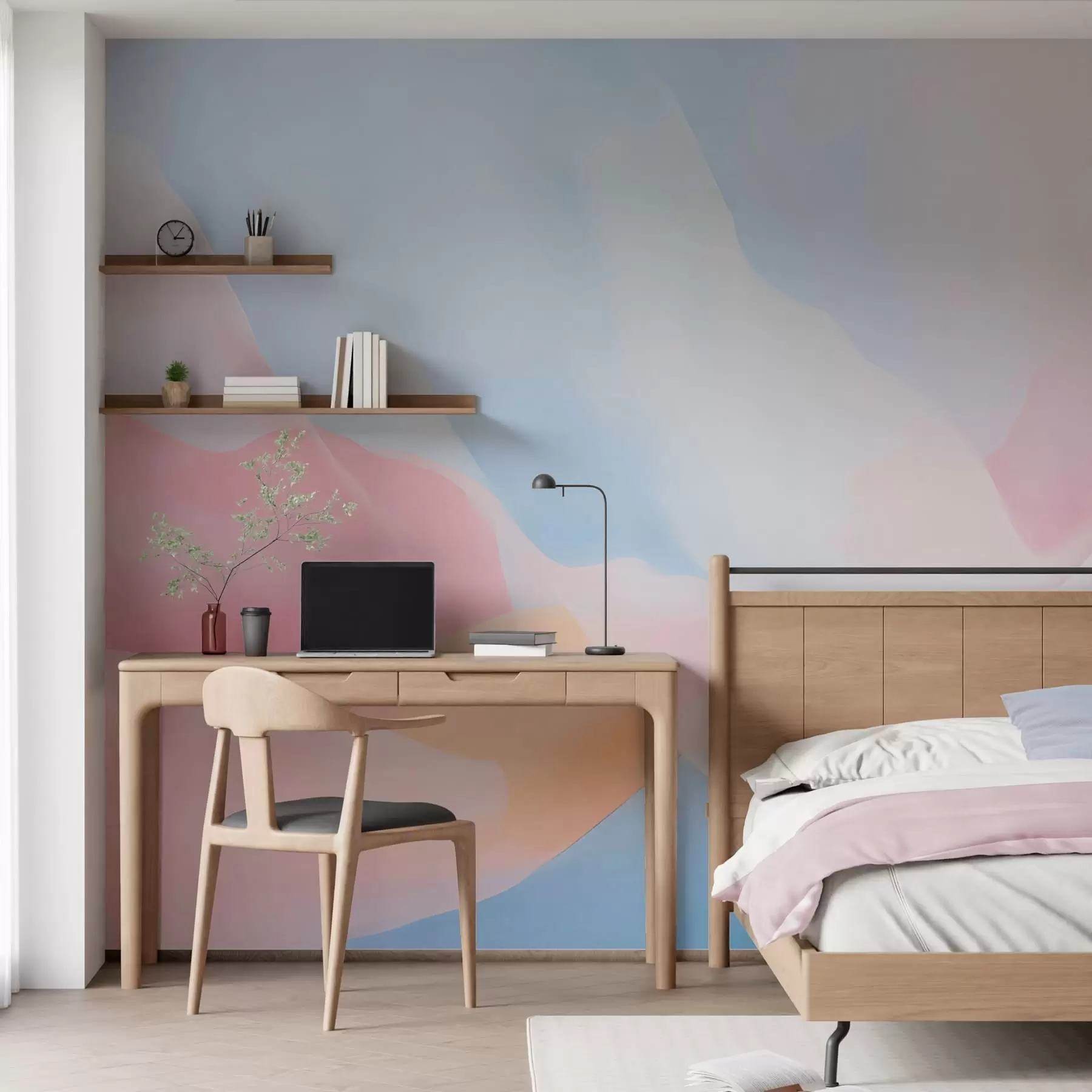 Fototapete Abstrakte Pastellwellen mit sanften Rosa- und Blauverläufen im Aquarellstil w05609