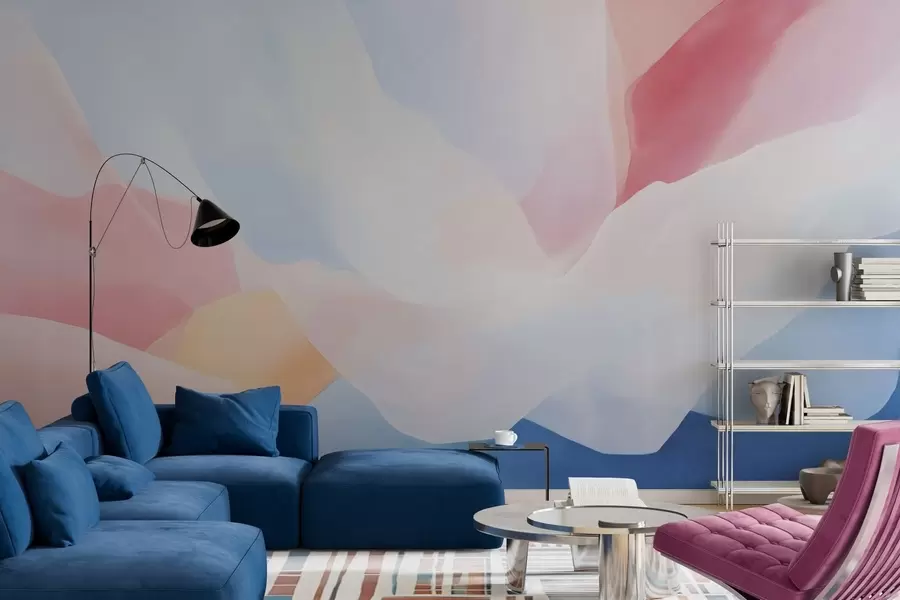 Fototapete Abstrakte Pastellwellen mit sanften Rosa- und Blauverläufen im Aquarellstil w05609