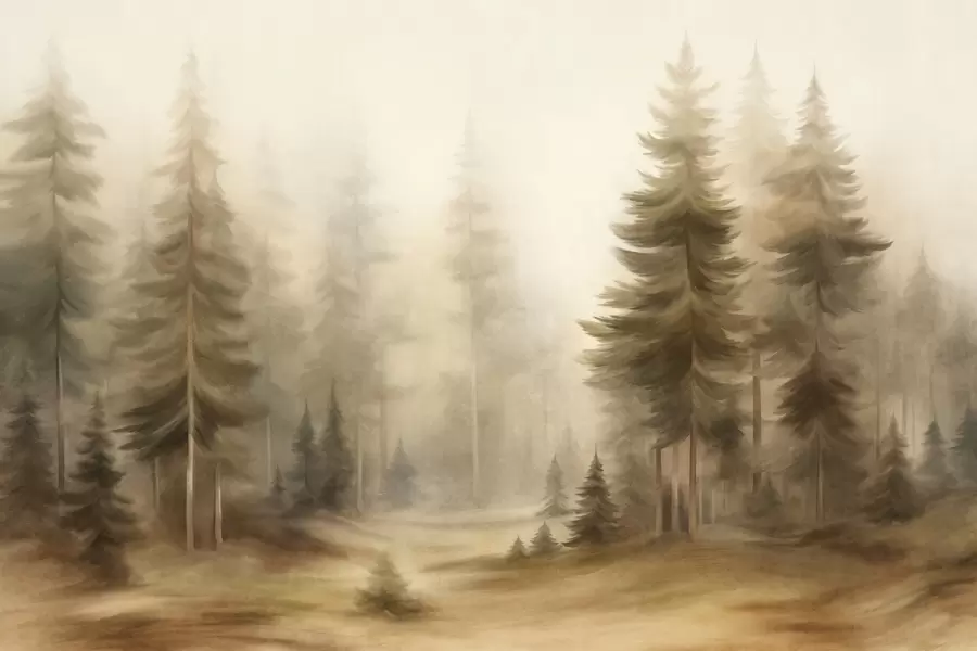 Fototapete Ein dichter Wald mit hohen Kiefern im leichten Nebel, strukturierte Landschaftskunst w09830
