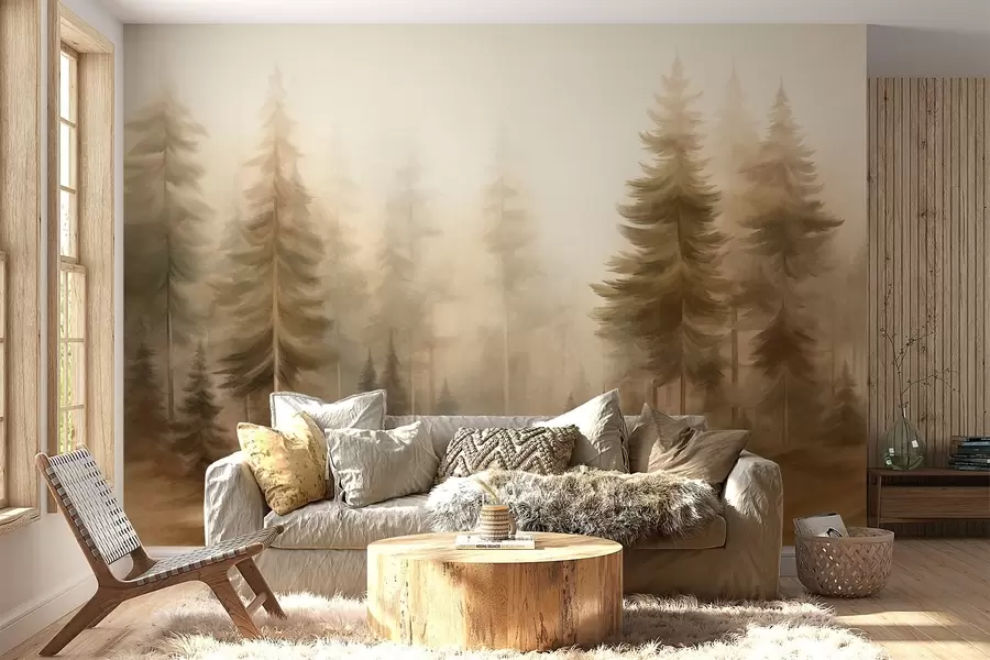 Fototapete Ein dichter Wald mit hohen Kiefern im leichten Nebel, strukturierte Landschaftskunst w09830