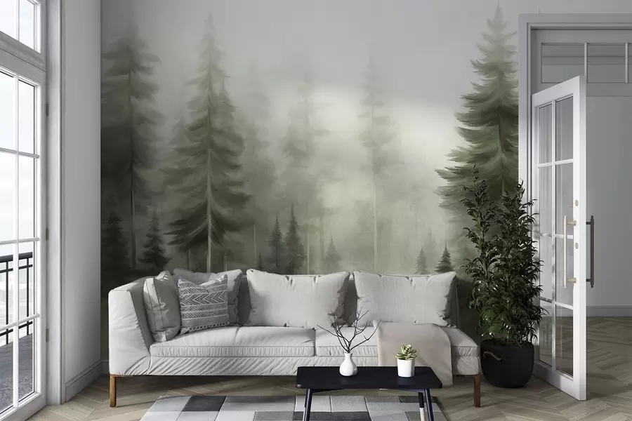 Fototapete Ein dichter Wald mit hohen Kiefern im leichten Nebel, strukturierte Landschaftskunst w09830v1