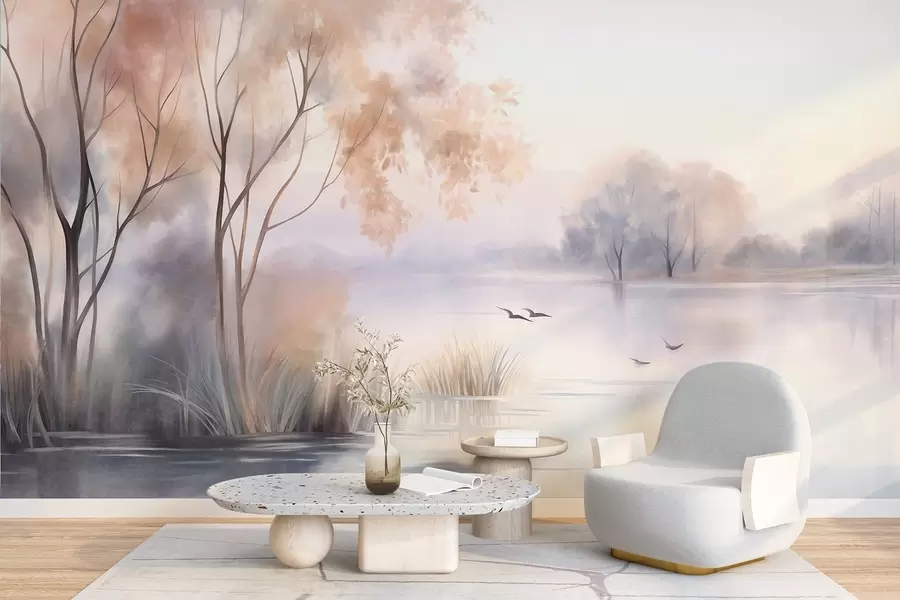 Fototapete Landschaft: ein nebliger See mit Bäumen und Schilf, fliegende Vögel, strukturierter Aquarellstil w09866