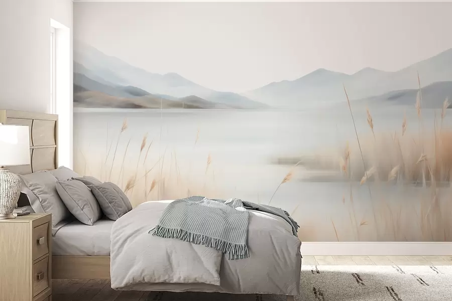 Fototapete Abstrakte Landschaft mit Bergen und einem See w05584