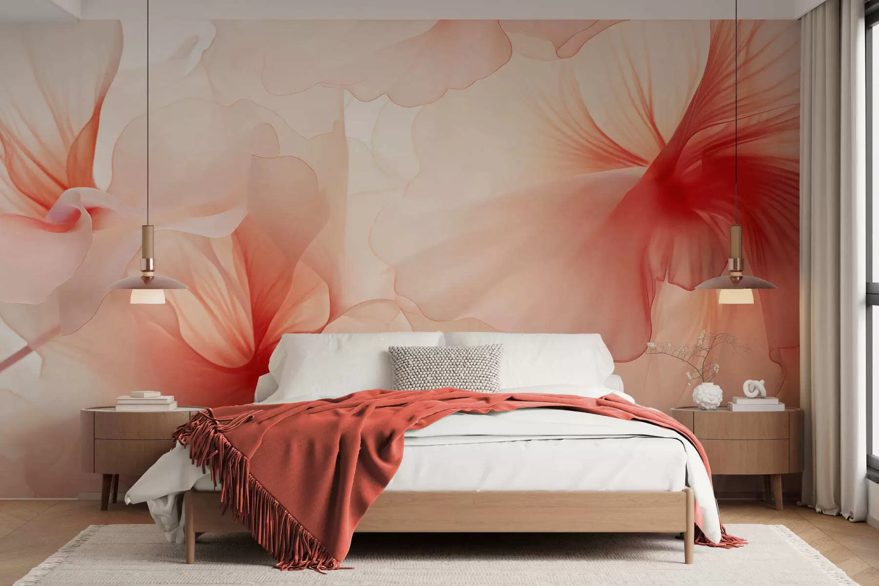 Fototapete Zarte, blassrosa Blüten mit luftigen, durchscheinenden Blütenblättern im Aquarellstil, elegante Blumenkomposition w05360