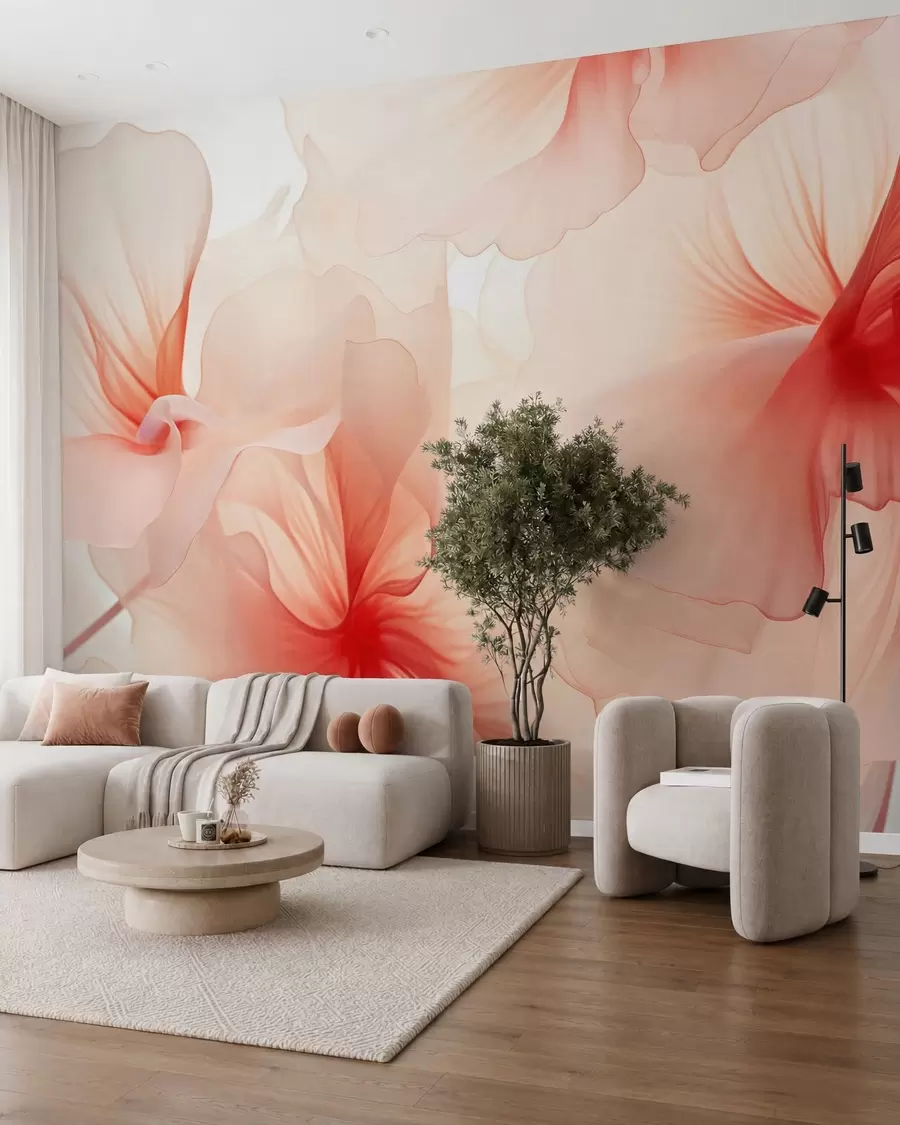 Fototapete Zarte, blassrosa Blüten mit luftigen, durchscheinenden Blütenblättern im Aquarellstil, elegante Blumenkomposition w05360