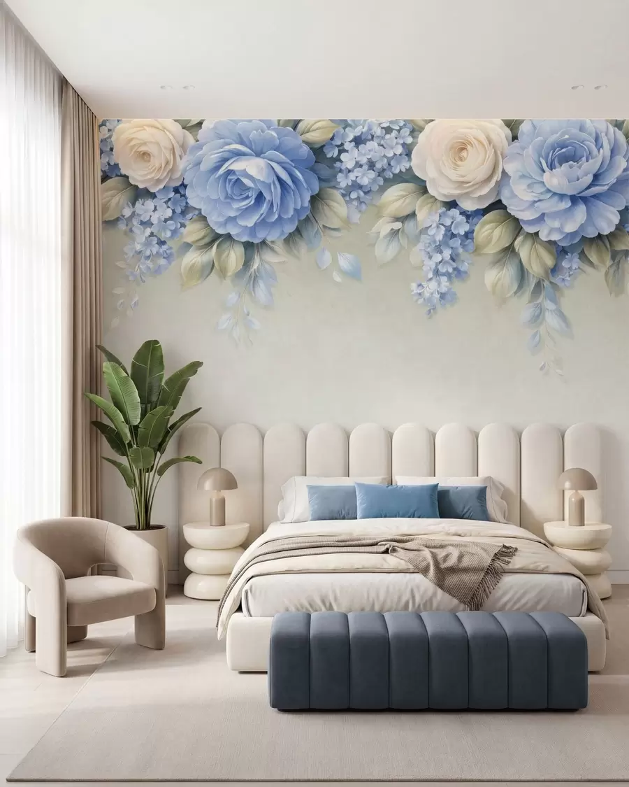 Fototapete Zarte Rosen und Blütenbüschel in einer von Porzellan inspirierten botanischen Komposition mit sanft geschichteten Blütenblättern und elegant fließenden Blättern w05495