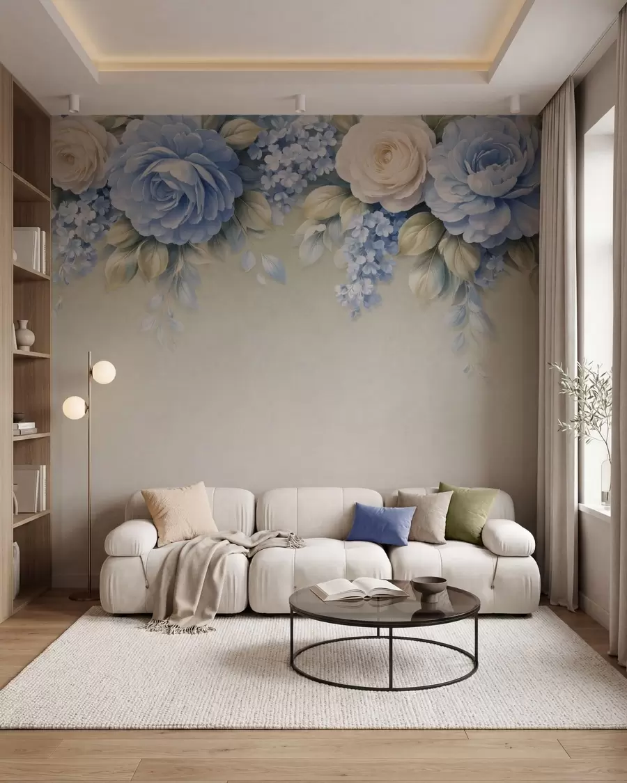Fototapete Zarte Rosen und Blütenbüschel in einer von Porzellan inspirierten botanischen Komposition mit sanft geschichteten Blütenblättern und elegant fließenden Blättern w05495