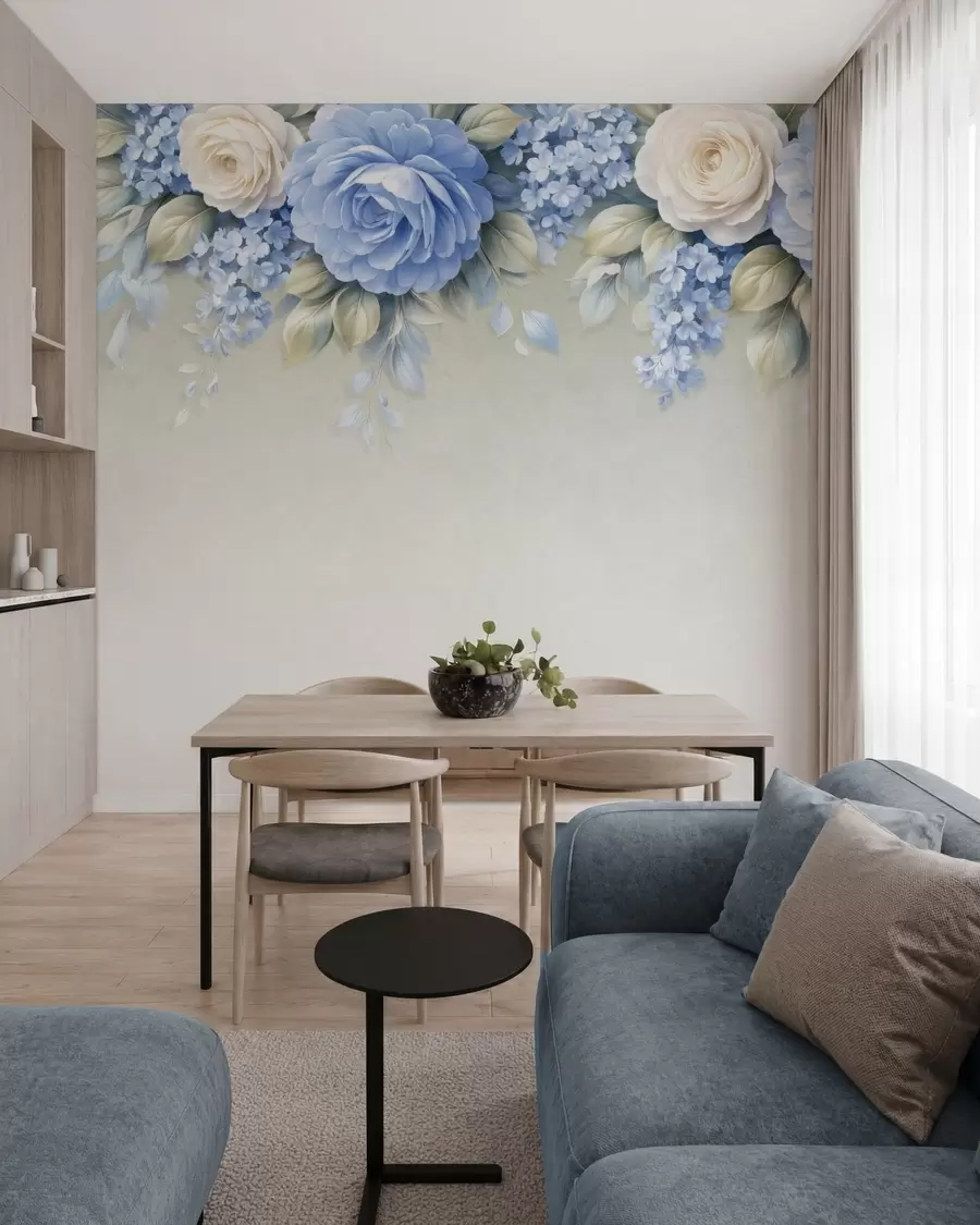 Fototapete Zarte Rosen und Blütenbüschel in einer von Porzellan inspirierten botanischen Komposition mit sanft geschichteten Blütenblättern und elegant fließenden Blättern w05495