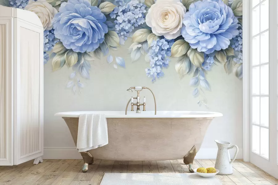 Fototapete Zarte Rosen und Blütenbüschel in einer von Porzellan inspirierten botanischen Komposition mit sanft geschichteten Blütenblättern und elegant fließenden Blättern w05495