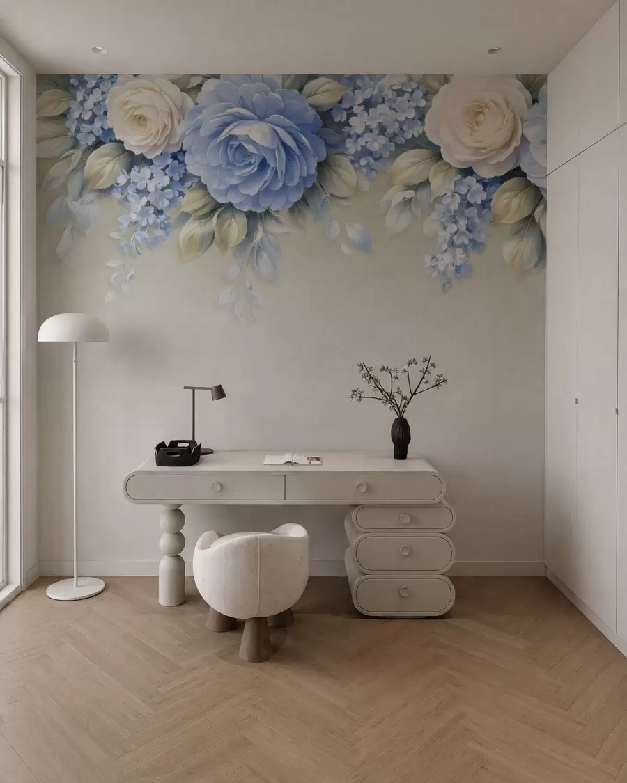 Fototapete Zarte Rosen und Blütenbüschel in einer von Porzellan inspirierten botanischen Komposition mit sanft geschichteten Blütenblättern und elegant fließenden Blättern w05495