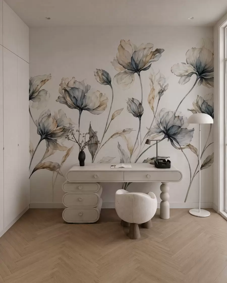 Fototapete Elegante, luftige Blüten mit durchscheinenden, geschichteten Blütenblättern an langen, zarten Stielen w05579