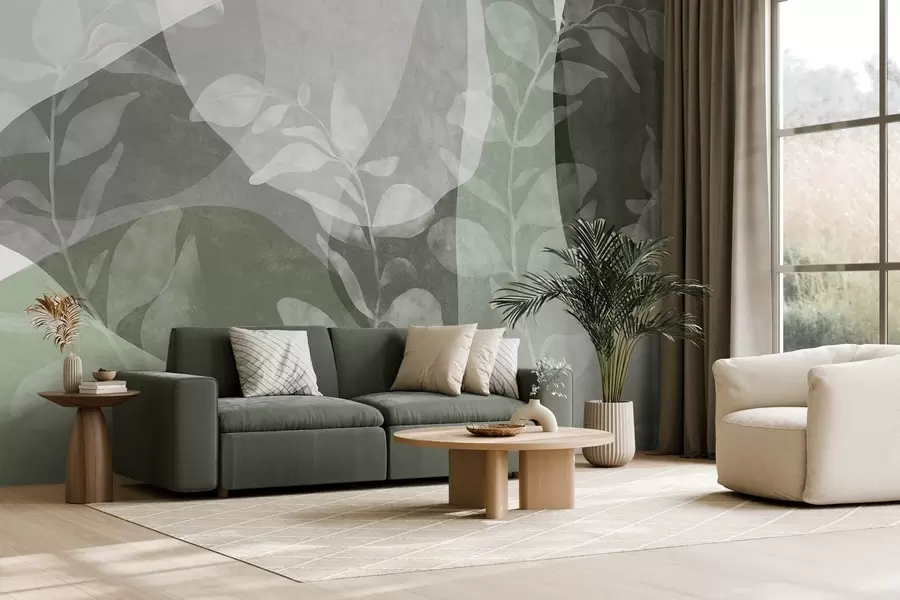 Fototapete Abstrakte Formen in Grüntönen überlagern sich mit transparenten botanischen Elementen und strukturierten Kunstwerken w09865v2