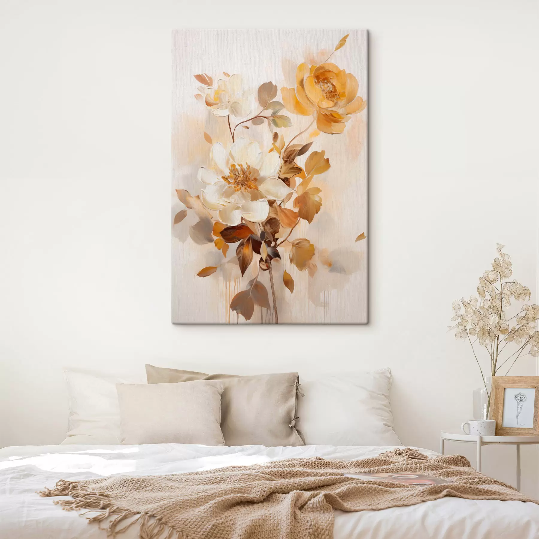 Fototapete Abstrakte Blumen mit braunen Blättern, malerischer Stil und Pinselstriche s49145