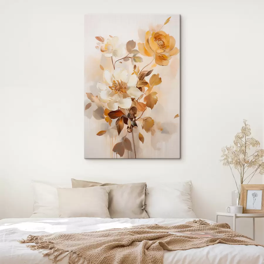 Fototapete Abstrakte Blumen mit braunen Blättern, malerischer Stil und Pinselstriche s49145