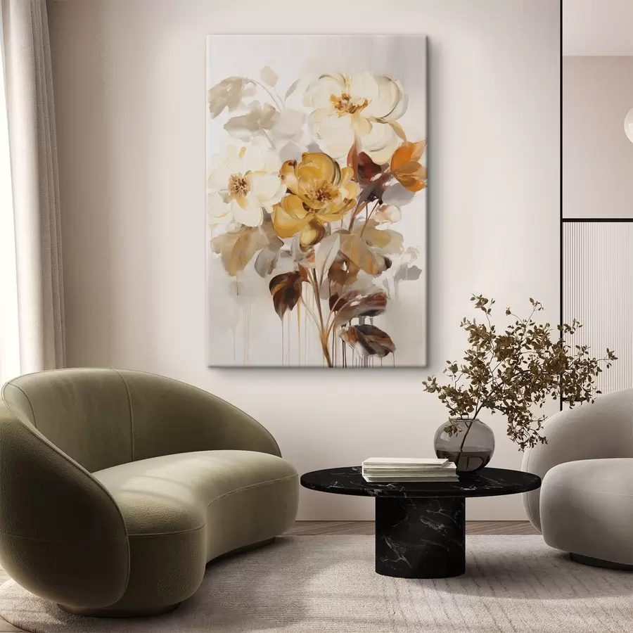 Fototapete Abstrakte Blumen mit braunen Blättern, malerischer Stil und Pinselstriche s49146
