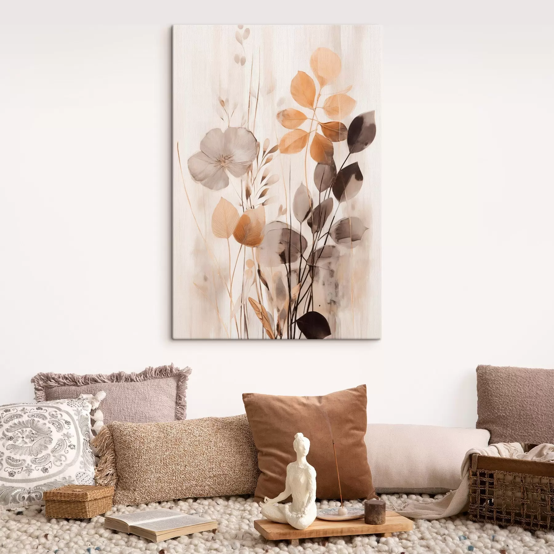 Fototapete Blumenarrangement in gedämpften Orange- und Grautönen, abstrakte Kunst s49147