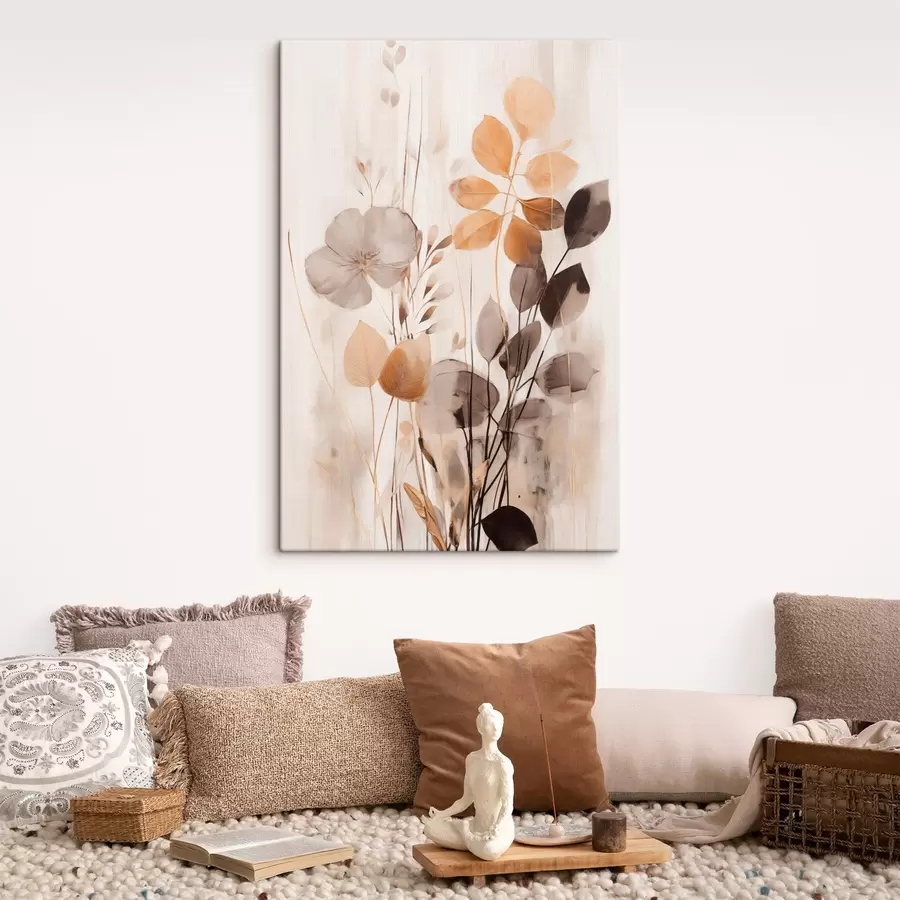 Fototapete Blumenarrangement in gedämpften Orange- und Grautönen, abstrakte Kunst s49147