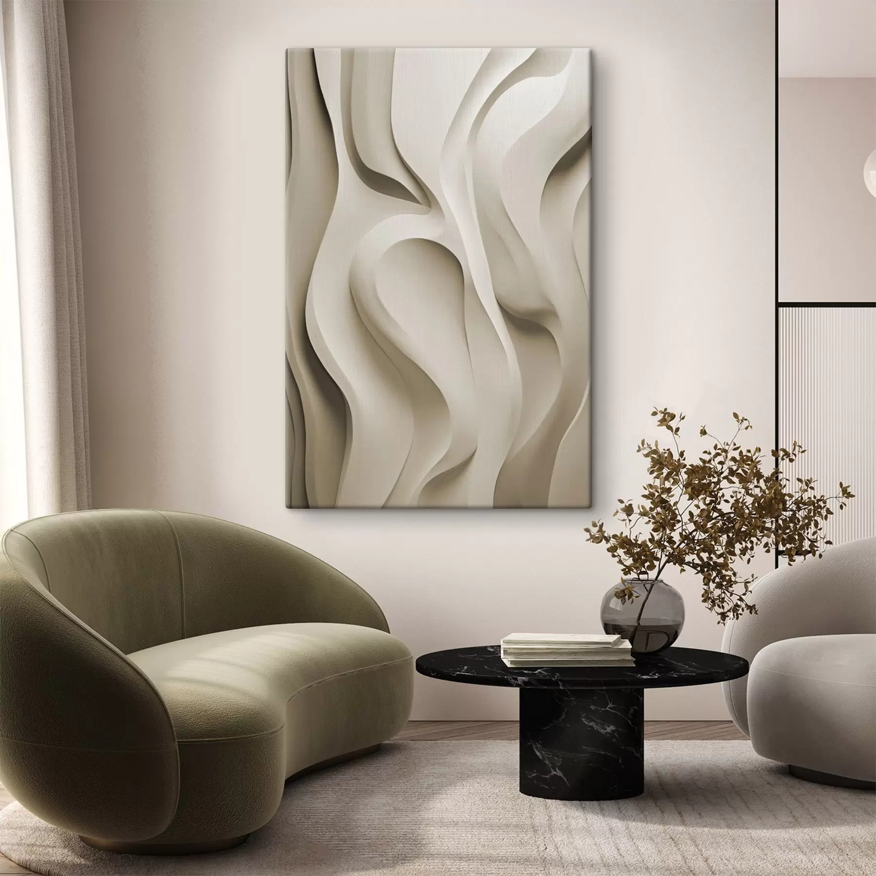 Fototapete Abstrakte beigefarbene, wellenförmige Formen mit sanften Kurven, moderne minimalistische Kunst s49149