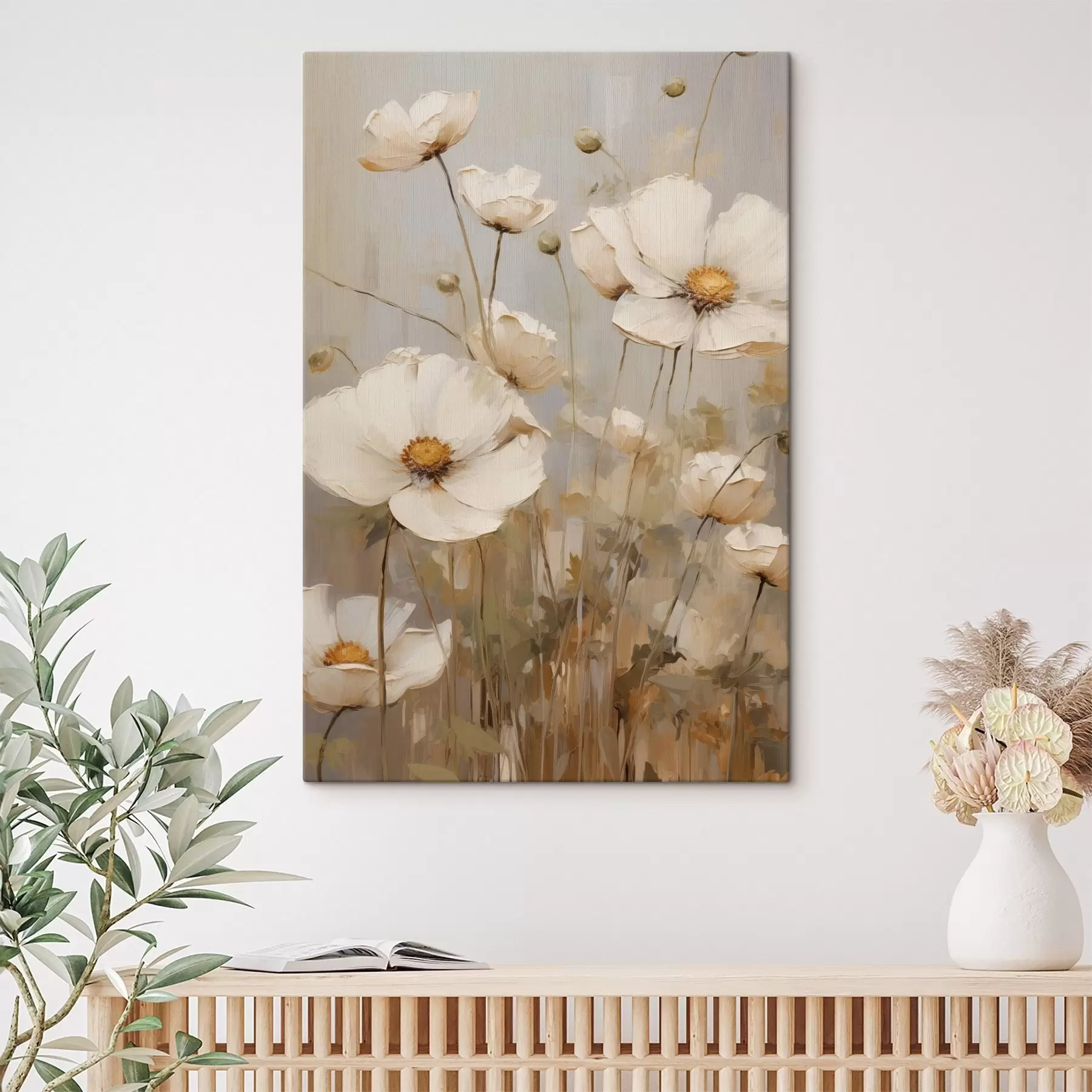Fototapete Weiße Mohnblumen, gemalt in einem sanften, impressionistischen Stil vor einem gedämpften Hintergrund s49159
