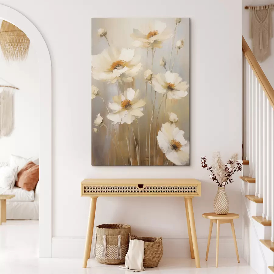 Fototapete Weiße Mohnblumen, gemalt in einem sanften, impressionistischen Stil vor einem gedämpften Hintergrund s49160