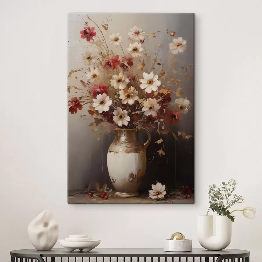 Fototapete Ein Strauß aus weißen und roten Blumen mit braunen Akzenten in einer Vase, im malerischen Stil s49161