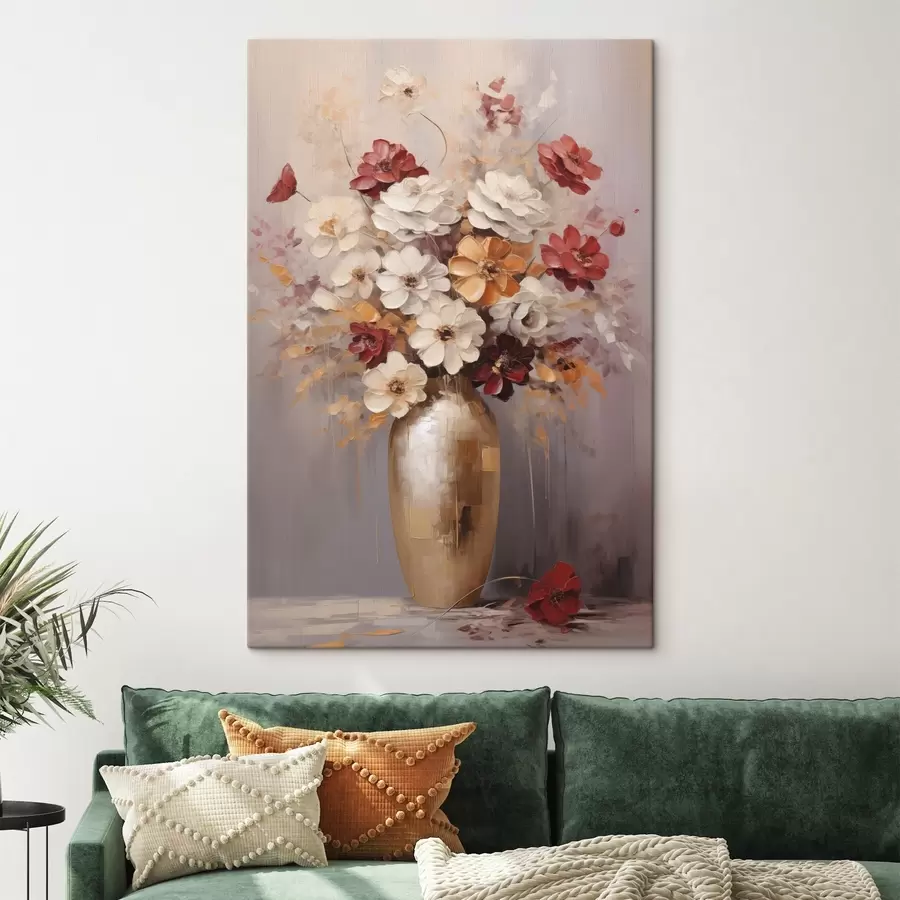 Fototapete Ein Strauß aus weißen und roten Blumen mit braunen Akzenten in einer Vase, im malerischen Stil s49162