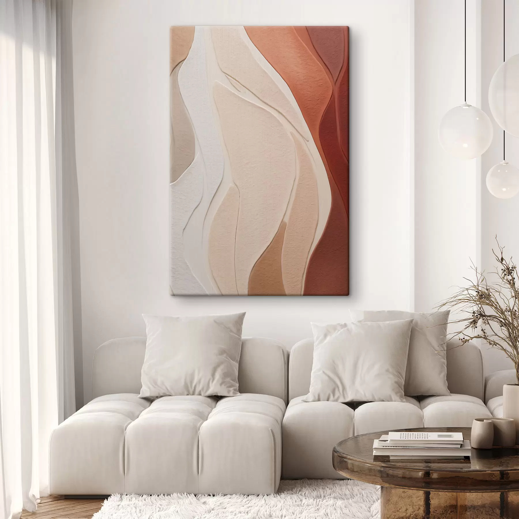 Fototapete Abstrakte, wellenförmige Texturschichten in Terrakotta-, Beige- und Cremetönen s49170