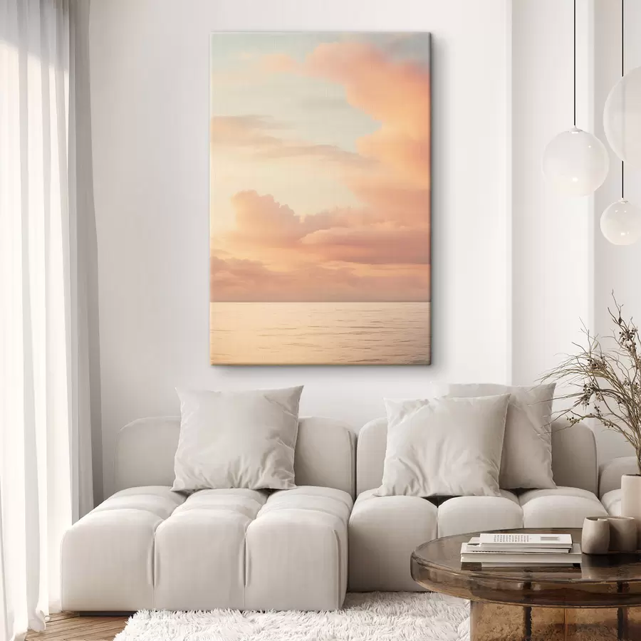 Fototapete Ein pastellfarbener Himmel voller sanfter Wolken über einem ruhigen, spiegelglatten Meer bei Sonnenuntergang s49178